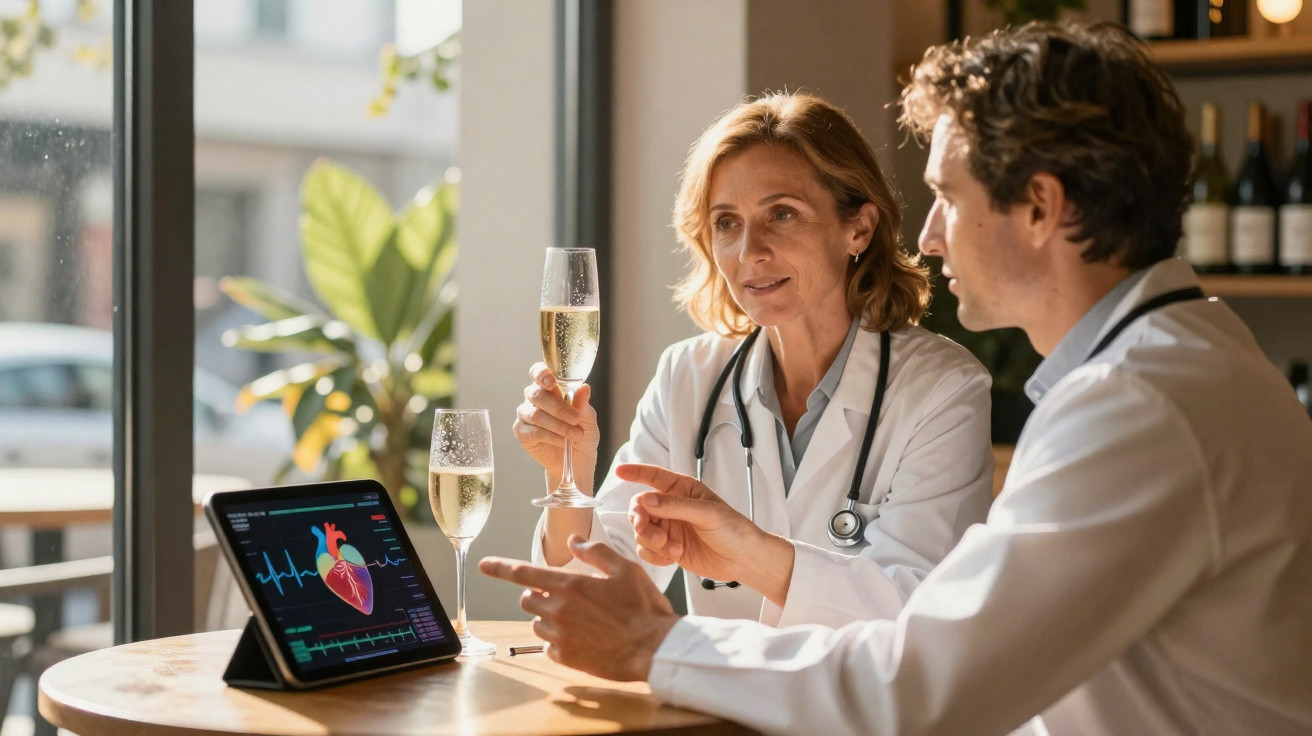 Dois médicos brindam com taças de champanhe enquanto analisam imagem de coração em tablet.