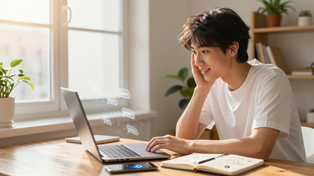 Jovem sorrindo usando laptop, sentado à mesa com caderno aberto, celular e plantas ao fundo.