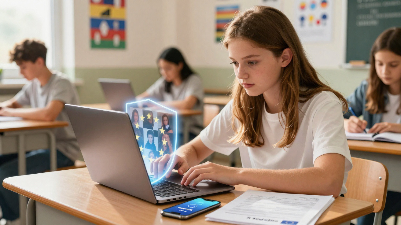 Adolescente usando laptop com holograma de escudo de segurança em sala de aula com outros estudantes ao fundo.