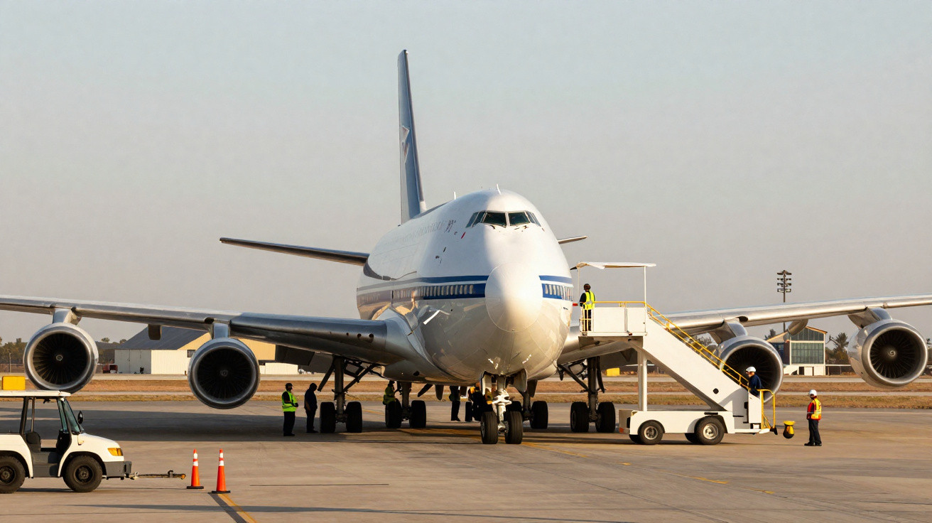 Avião comercial branco estacionado no aeroporto com funcionários e escada móvel ao lado.