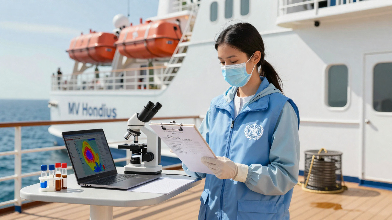 Mulher com máscara e jaleco azul analisando documentos no convés de navio com equipamentos científicos.