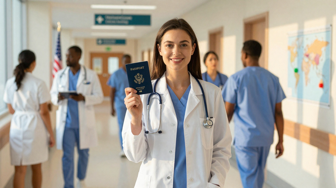 Médica sorridente em corredor hospitalar segurando passaporte azul, com equipe médica ao fundo.