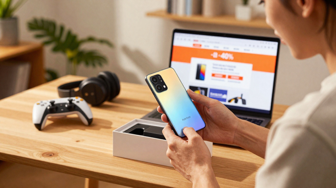 Pessoa segurando smartphone novo com acabamento degradê, caixa aberta, notebook e controle de videogame sobre mesa de madeira