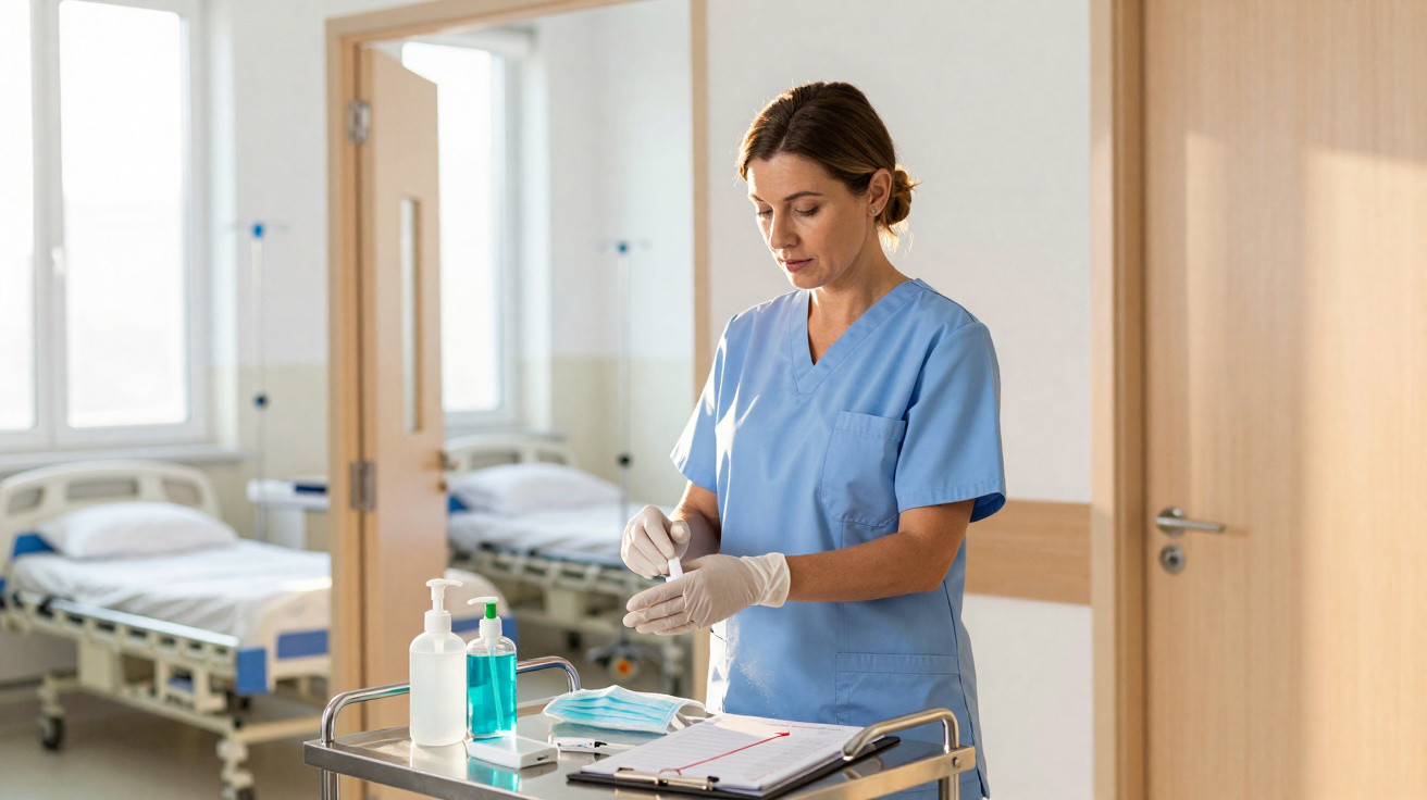 Enfermeira vestindo uniforme azul e luvas, preparando equipamentos em carrinho dentro de quarto hospitalar.