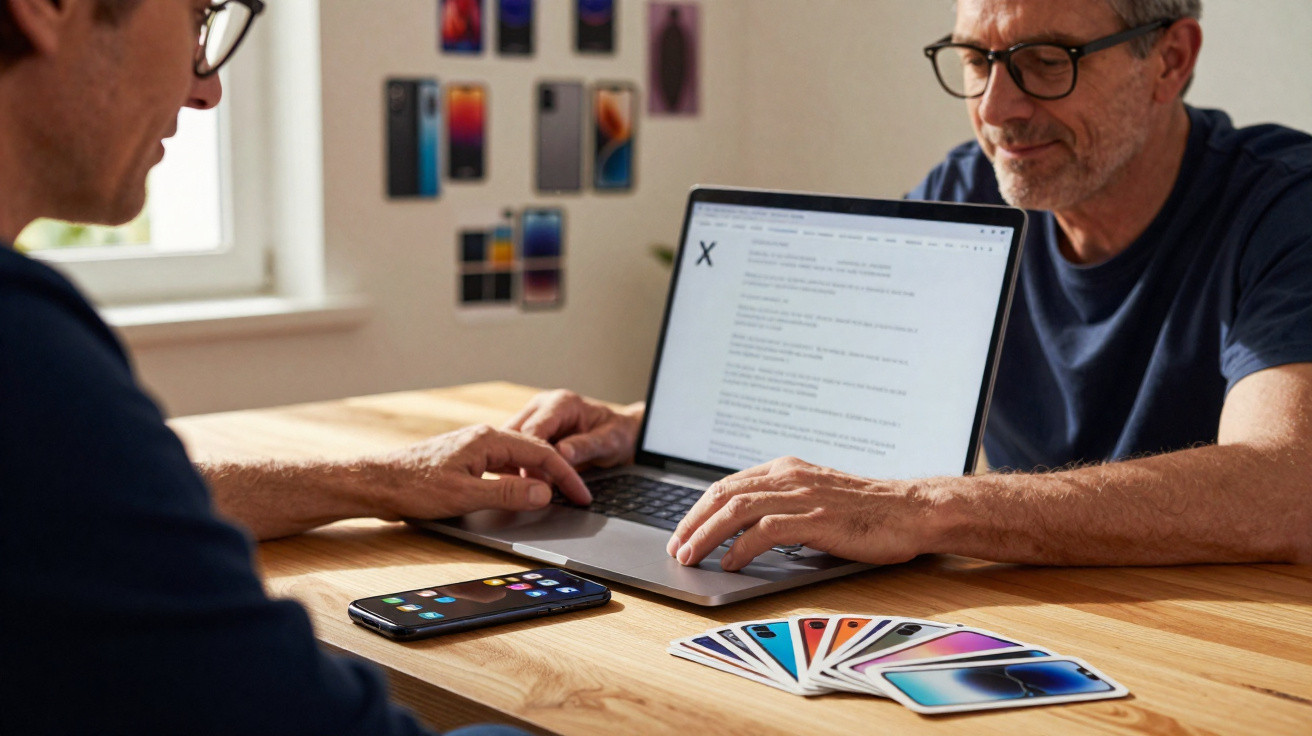 Duas pessoas sentadas à mesa, uma usando laptop e cartões com imagens de smartphones espalhados sobre a mesa.
