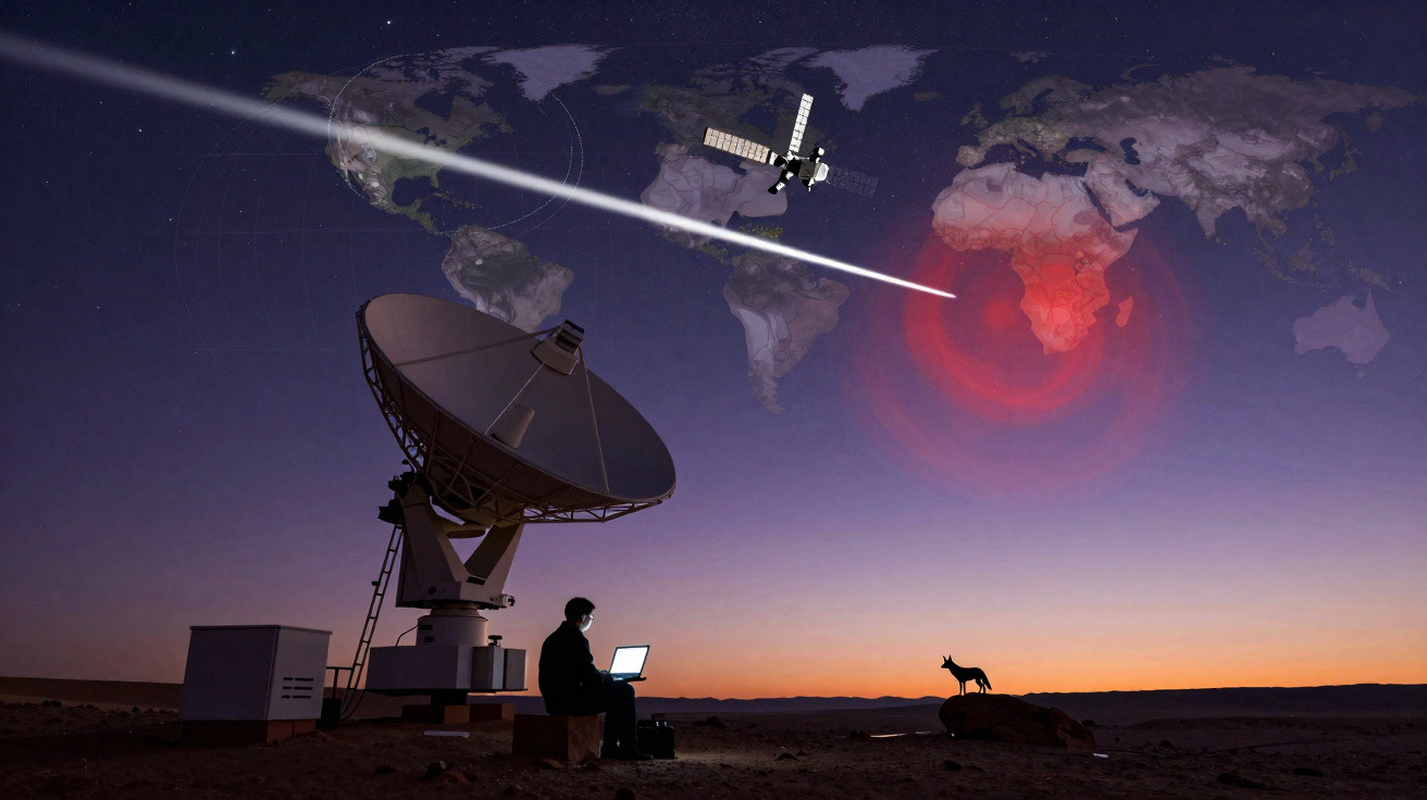 Pessoa usando laptop ao lado de antena parabólica, satélite em comunicação e mapa mundi com foco na África.