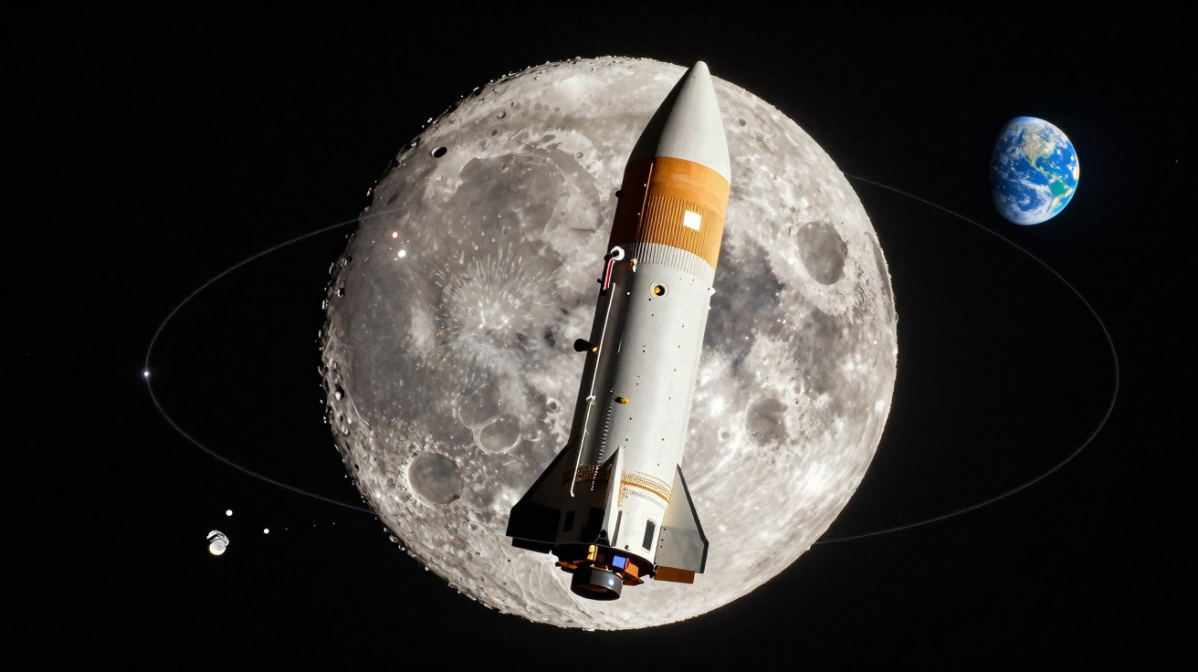 Foguete espacial em órbita próxima da Lua com a Terra ao fundo no espaço escuro.