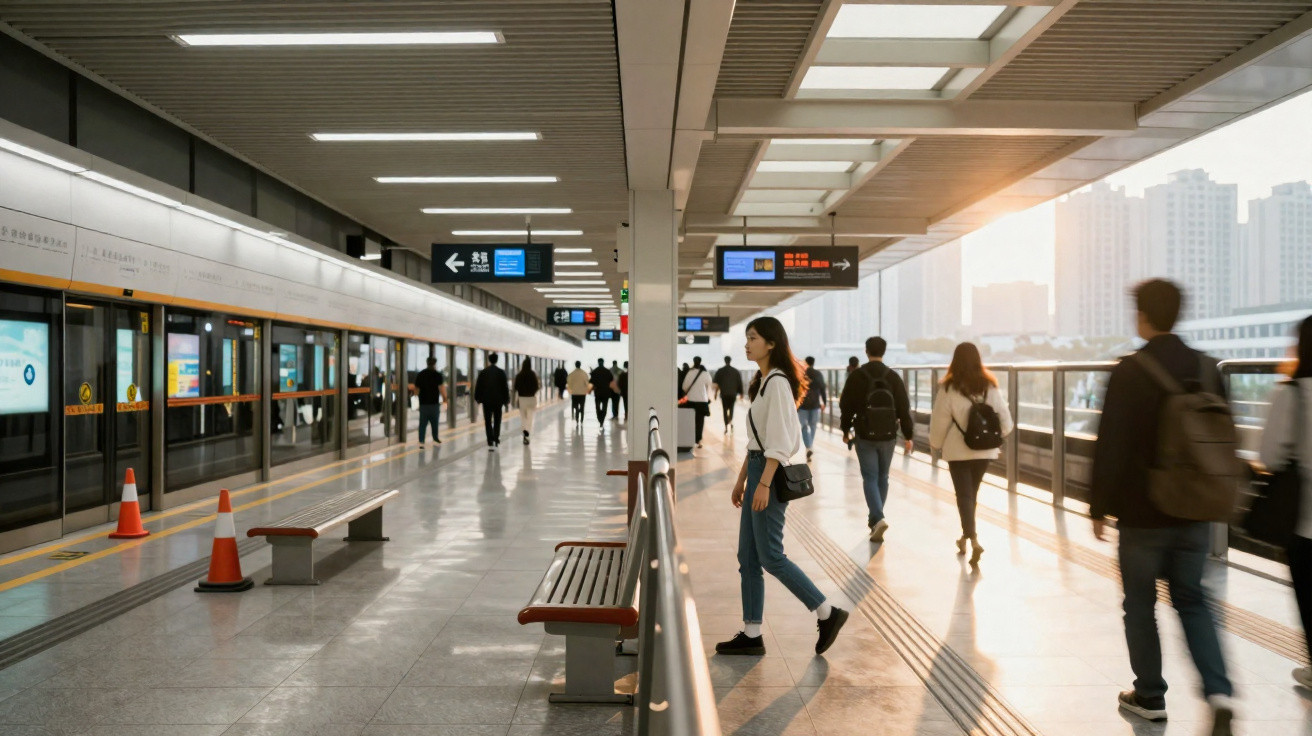 Estação de metrô movimentada com pessoas andando e trem parado na plataforma ao entardecer.