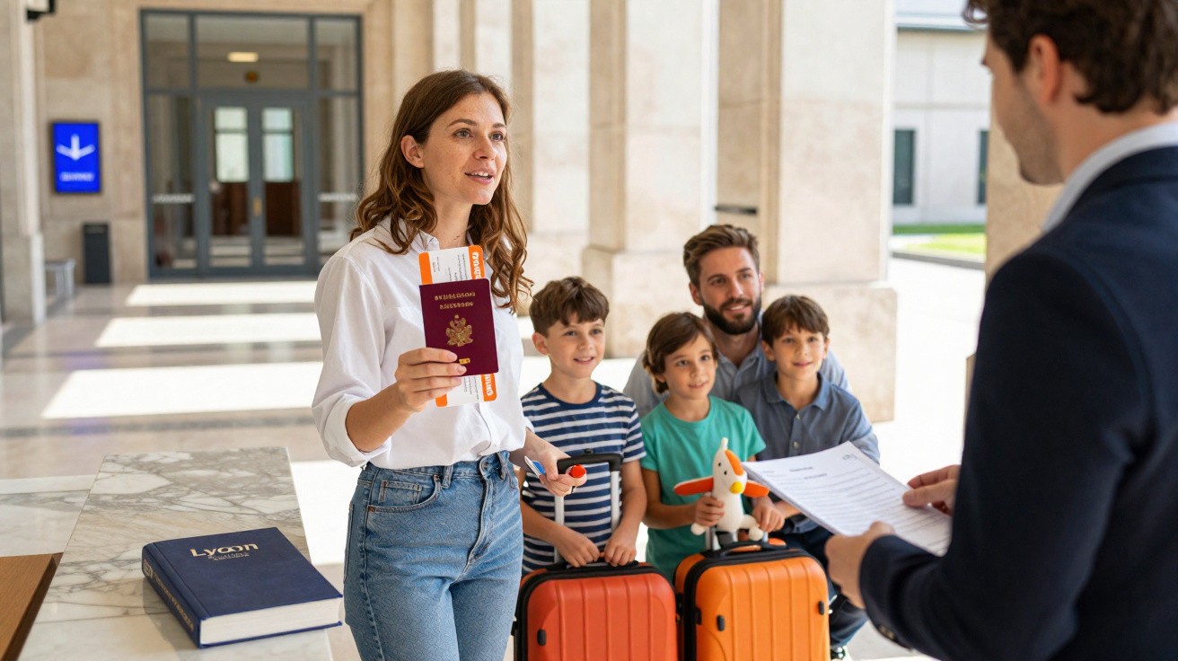 Família com malas faz check-in no aeroporto, mulher segura passaporte e bilhetes de viagem.
