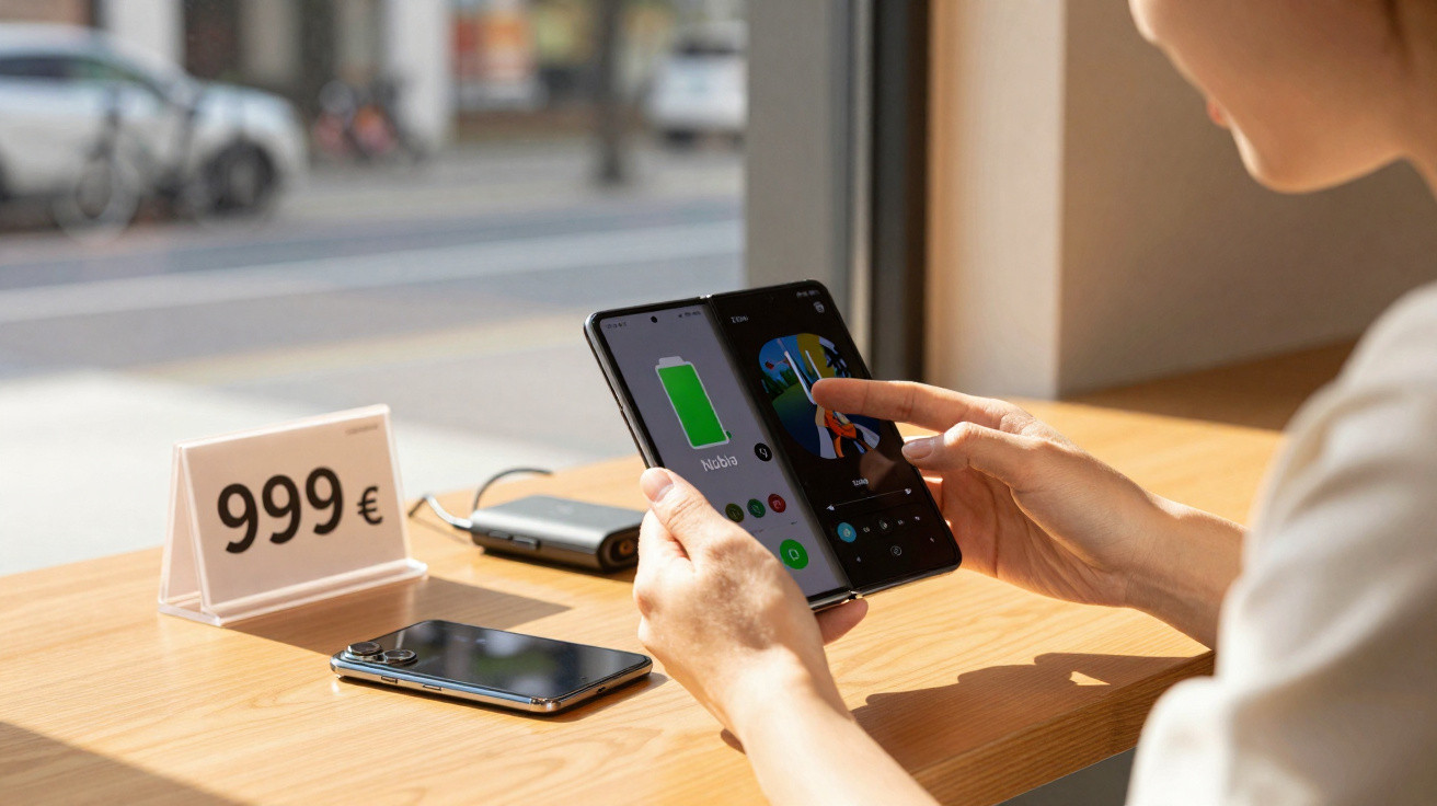 Pessoa usando smartphone dobrável exibindo bateria e interface de vídeo, com etiqueta de preço de 999 euros.