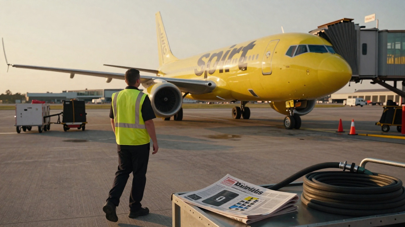 Funcionário caminha em pista de aeroporto perto de avião amarelo da Spirit Airlines durante o pôr do sol.