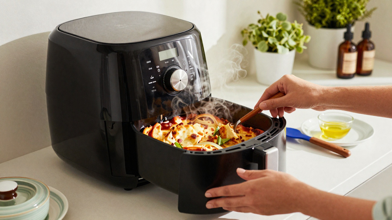 Mãos retirando lasanha quente de fritadeira elétrica preta em bancada branca com plantas ao fundo.