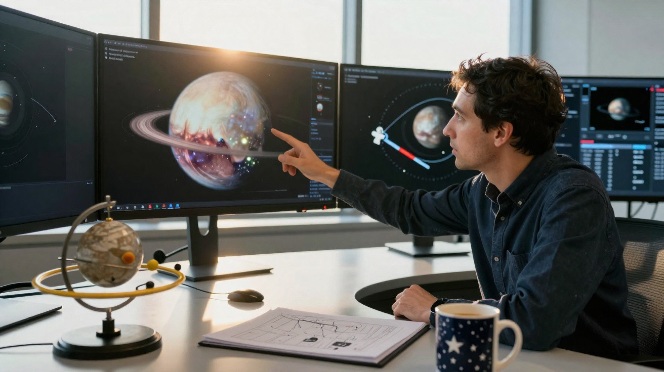 Homem analisando modelo 3D de planeta com anéis em múltiplas telas de computador em escritório.