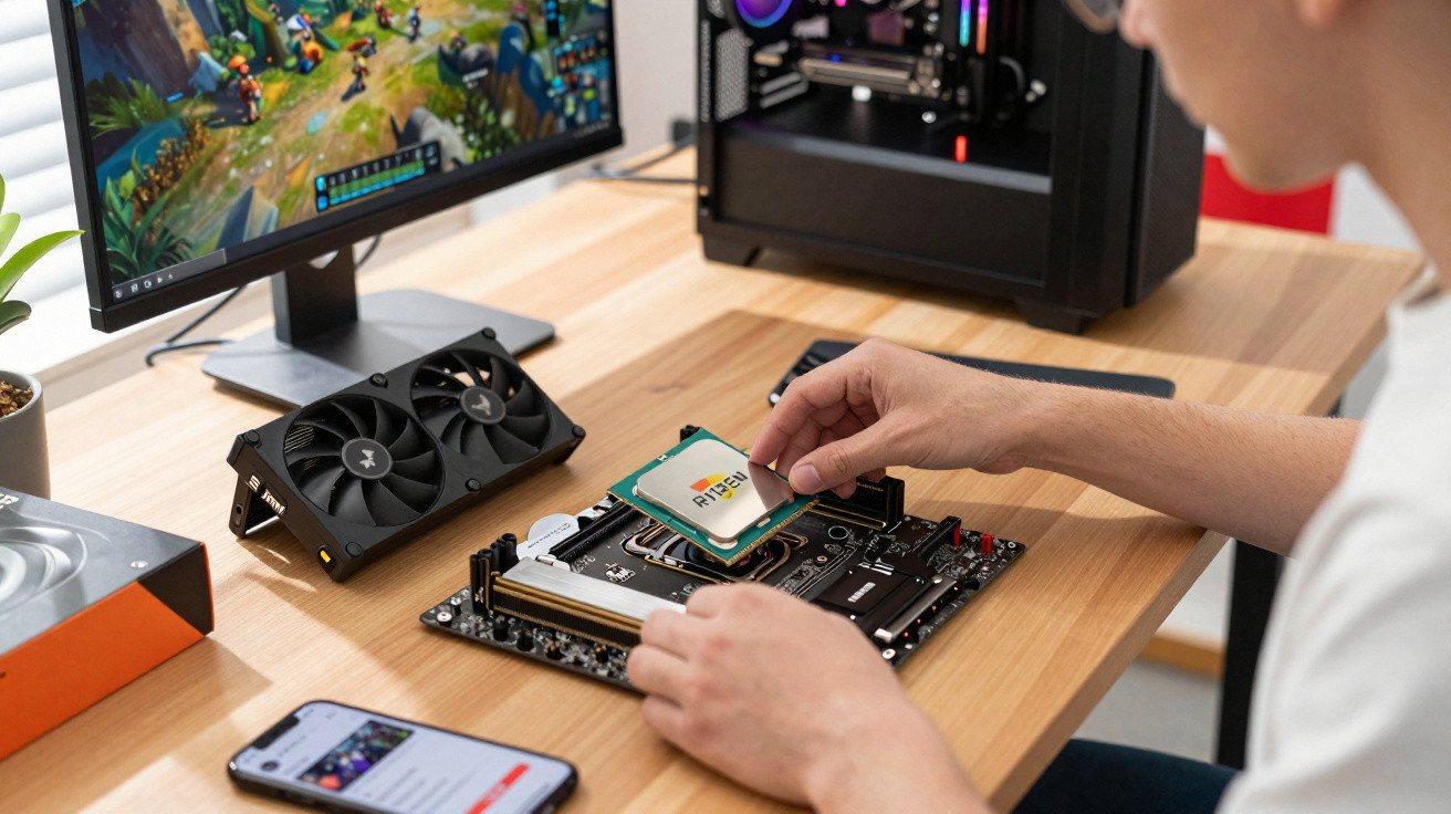 Pessoa instalando processador Ryzen em placa-mãe próxima a monitor e celular sobre mesa de madeira.