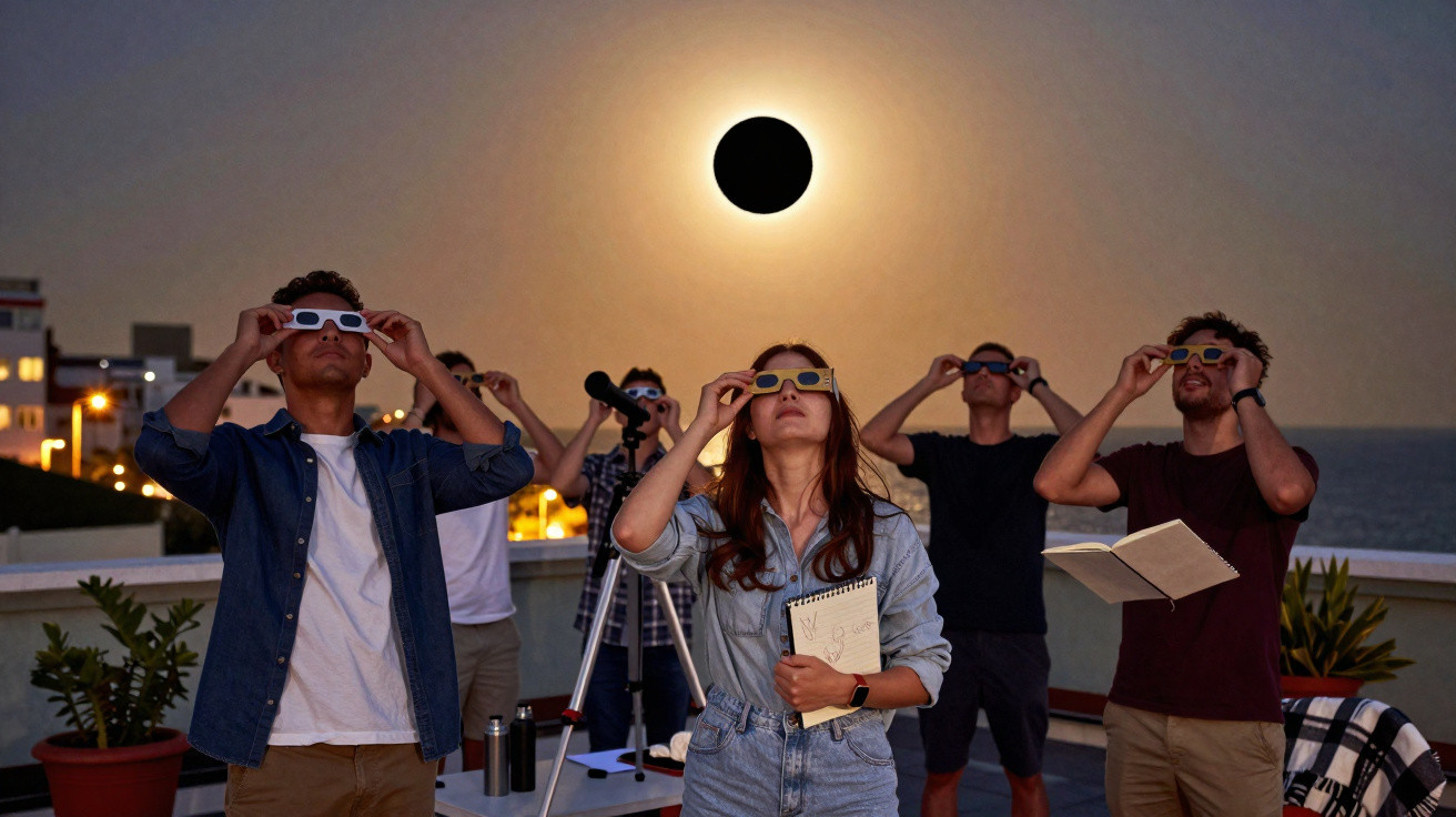 Grupo observa eclipse solar com óculos especiais em terraço ao entardecer, com mar ao fundo.