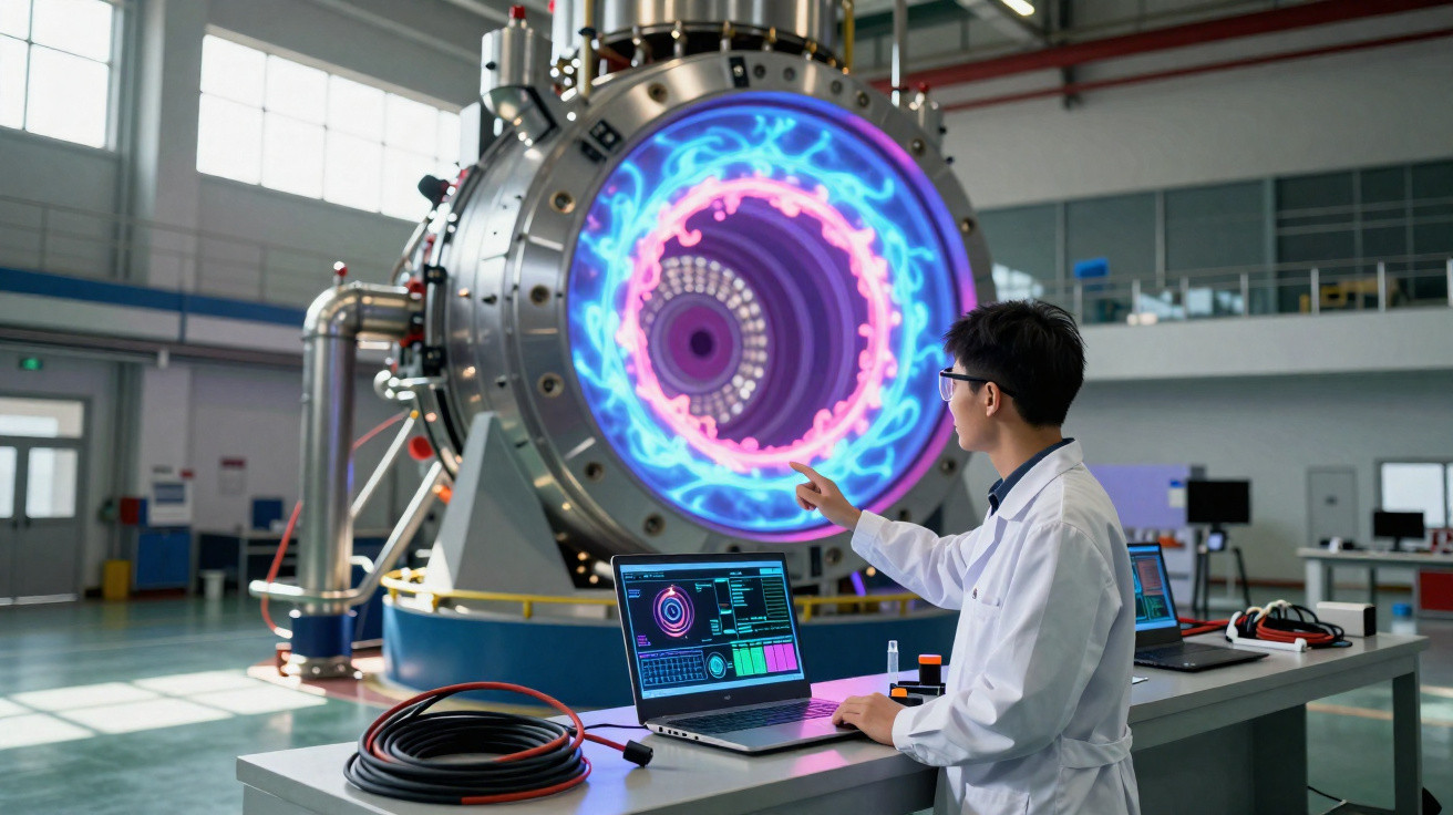 Pesquisador em laboratório interage com computador diante de maquinário industrial com luzes coloridas.