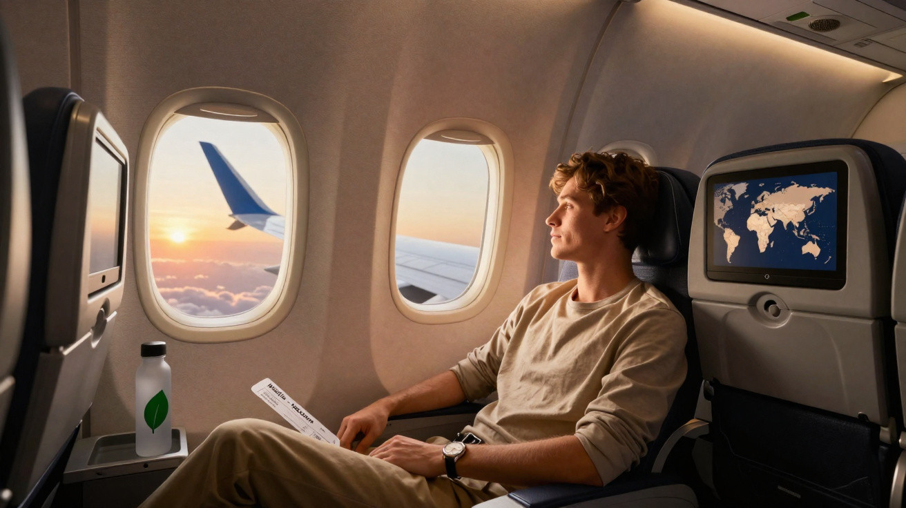 Homem sentado na janela de avião olhando para o céu ao pôr do sol, segurando bilhete de embarque.