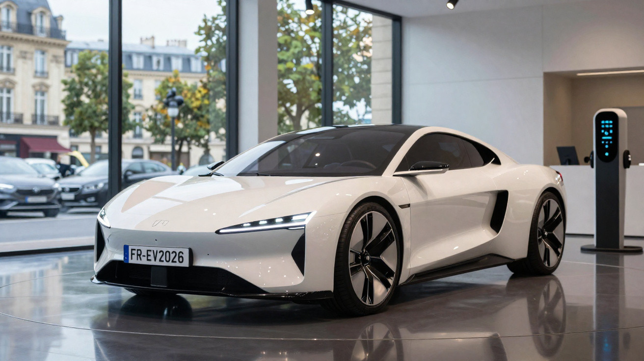 Carro esportivo elétrico branco estacionado em showroom moderno com janela grande e estação de recarga.