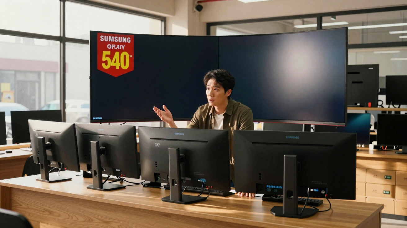 Homem em loja de eletrônicos diante de vários monitores Samsung, incluindo tela curva grande com preço.
