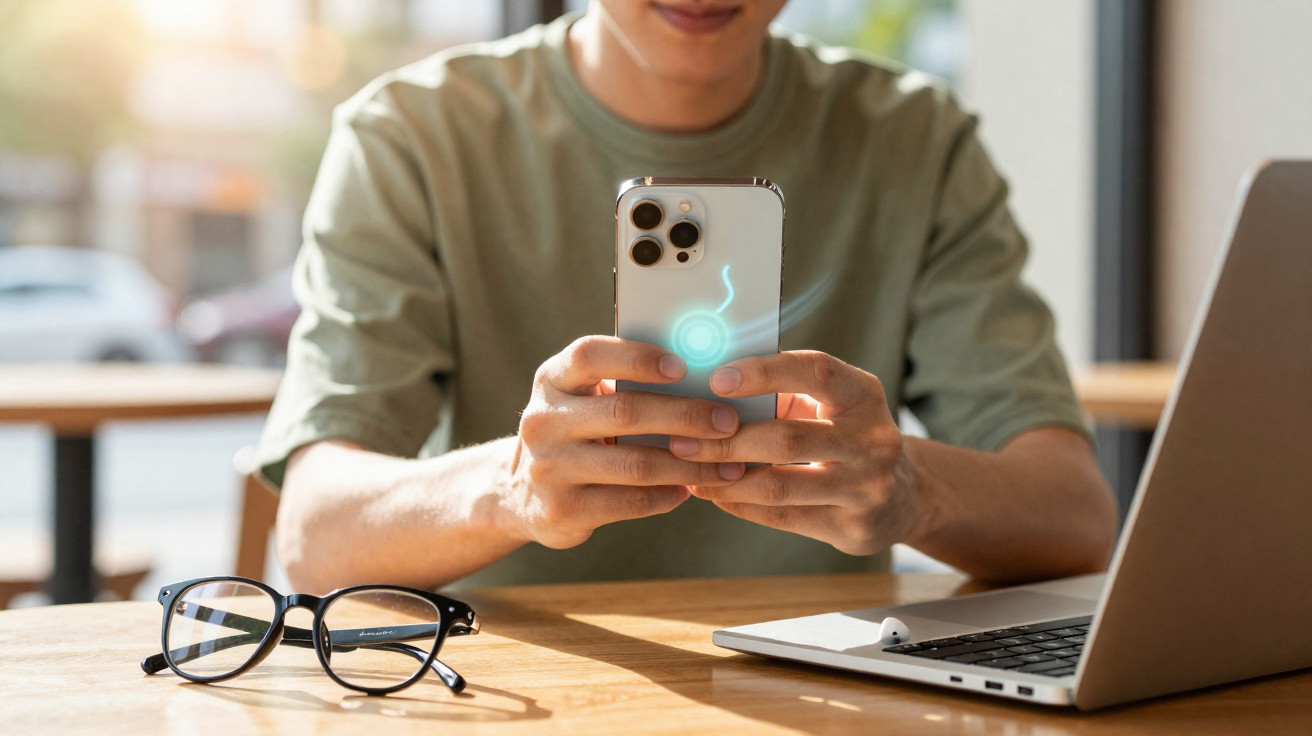 Pessoa usando celular com laptop e óculos sobre mesa em ambiente iluminado pela luz do dia