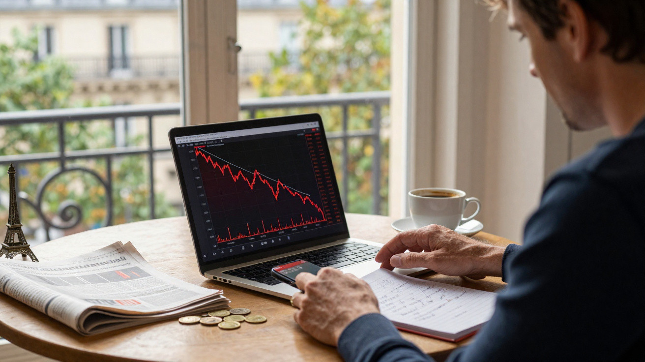 Homem estudando gráfico financeiro em queda no laptop, com jornal, moedas e café sobre a mesa.