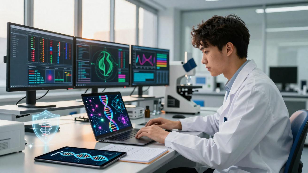Pesquisador em laboratório usando notebook e múltiplos monitores analisando dados de genética e DNA.