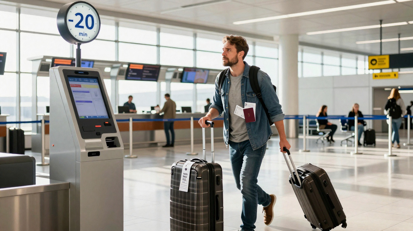 Homem com mochilas e passaporte caminha no aeroporto perto de totem de check-in automático.