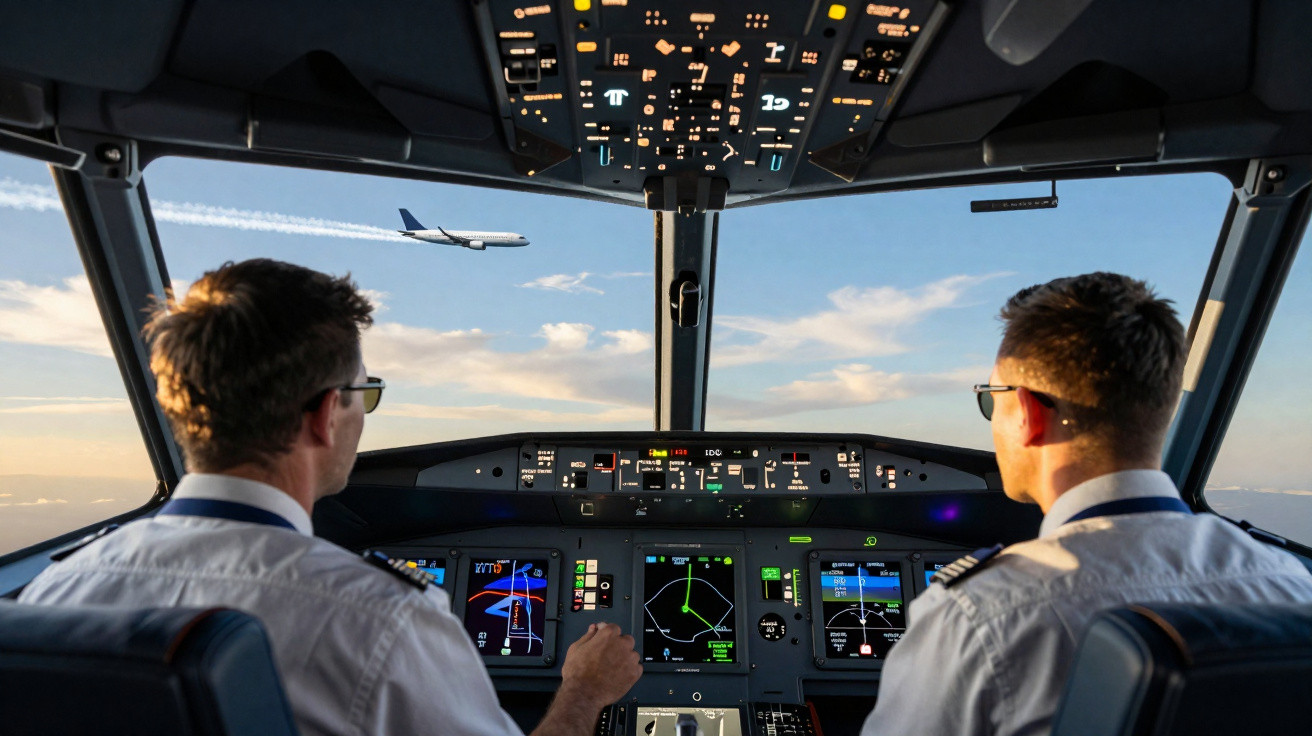 Dois pilotos no cockpit de um avião comercial, com vista para outra aeronave em voo no céu azul.