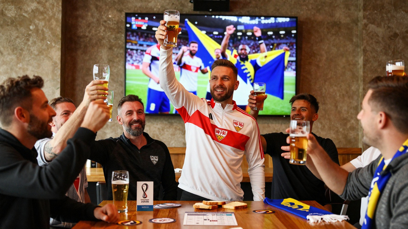 Grupo de homens brindando com cerveja assistindo jogo de futebol em bar.