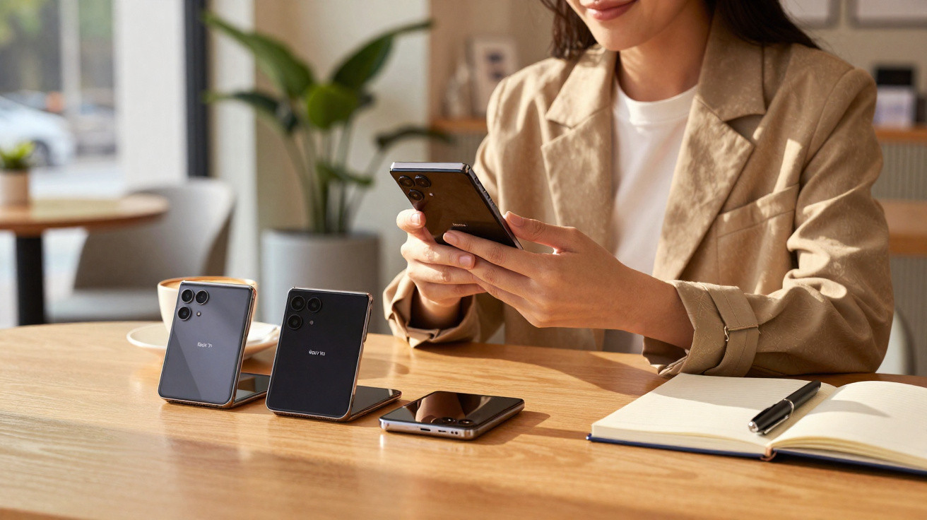 Mulher usando smartphone em mesa com dois celulares dobráveis e um caderno com caneta em ambiente interno iluminado.