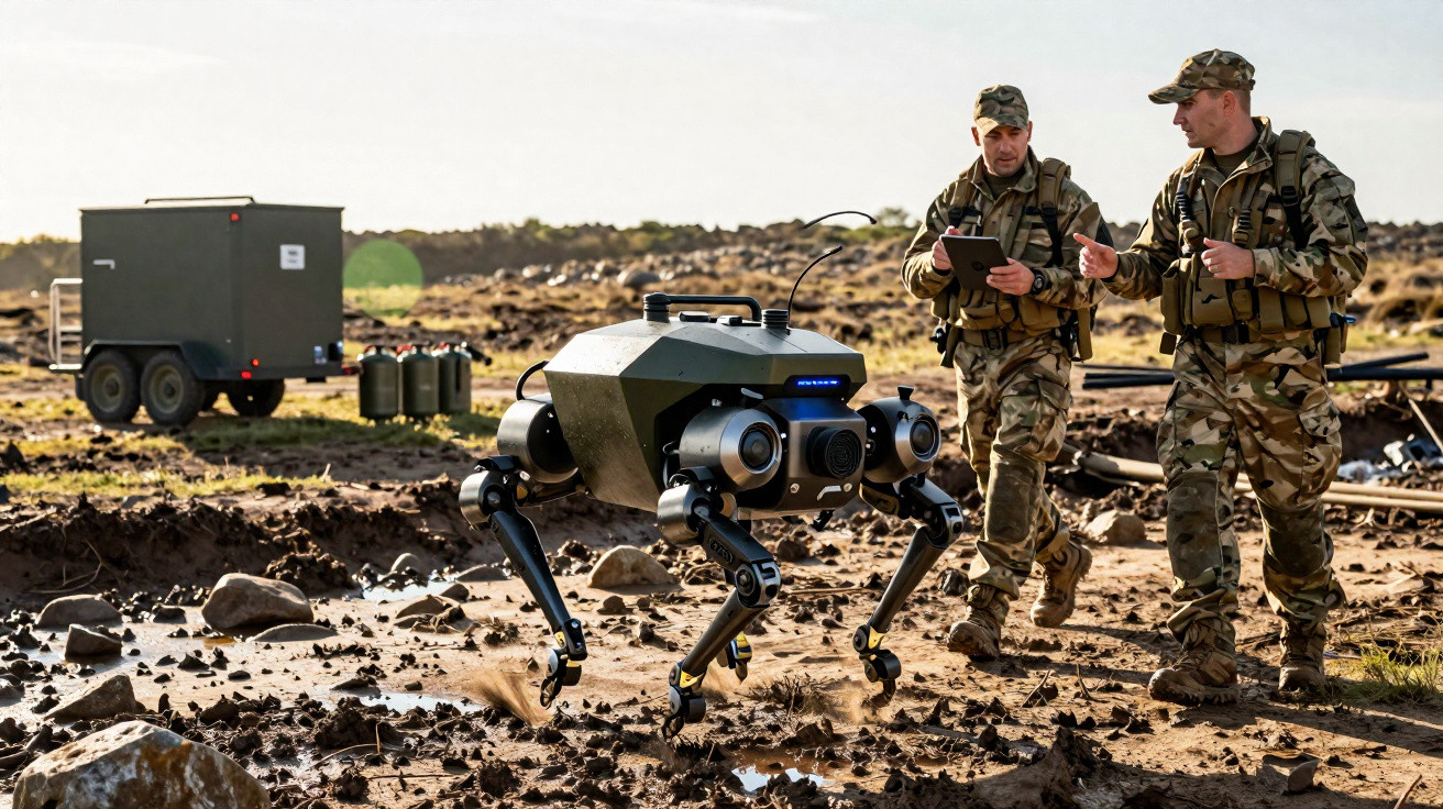 Dois soldados com uniforme camuflado monitoram robô quadrúpede em terreno rochoso durante operação militar.