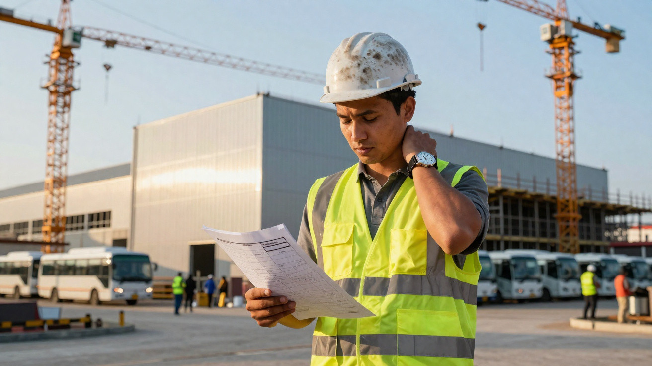 Engenheiro de segurança com colete e capacete analisando documentos em obra com guindastes e veículos ao fundo.