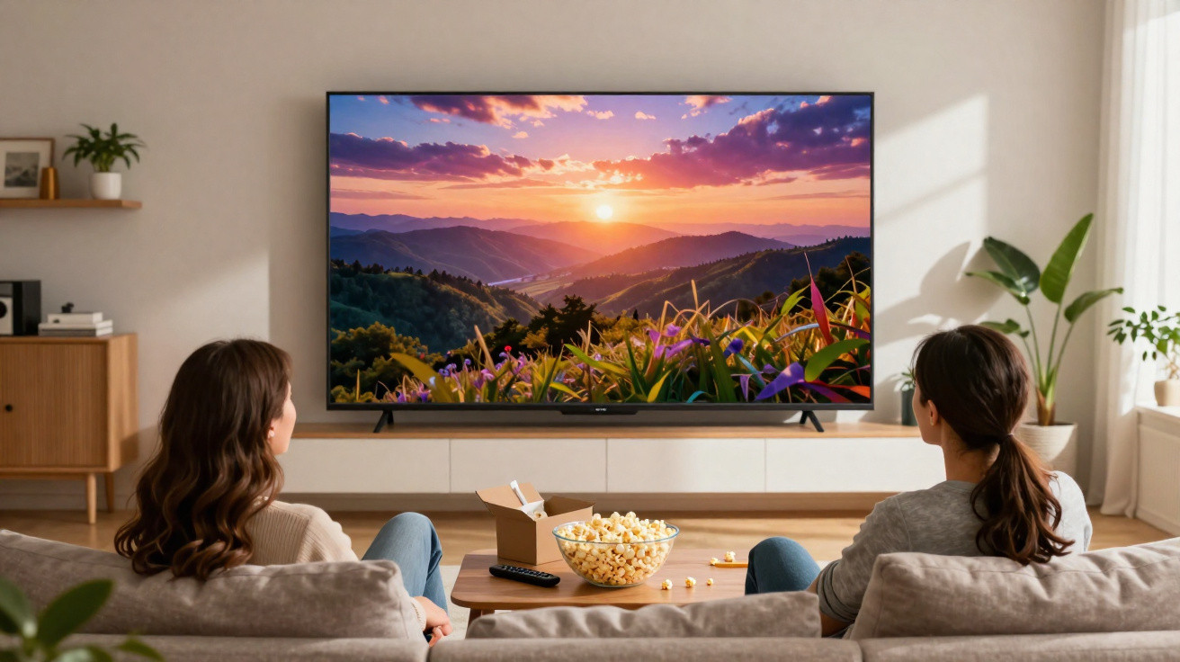 Duas mulheres sentadas no sofá assistindo tv com paisagem de pôr do sol e tigela de pipoca na mesa.