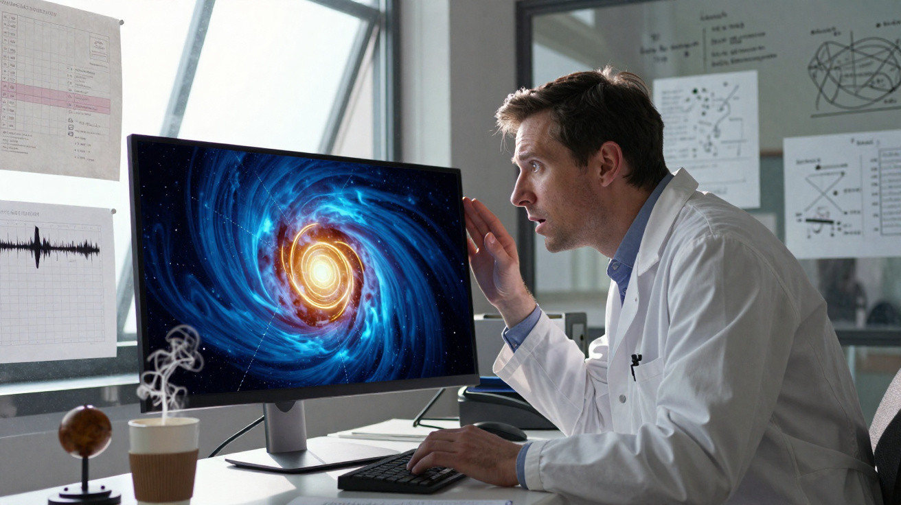 Cientista em jaleco observando uma galáxia espiral brilhante em monitor de computador em laboratório.