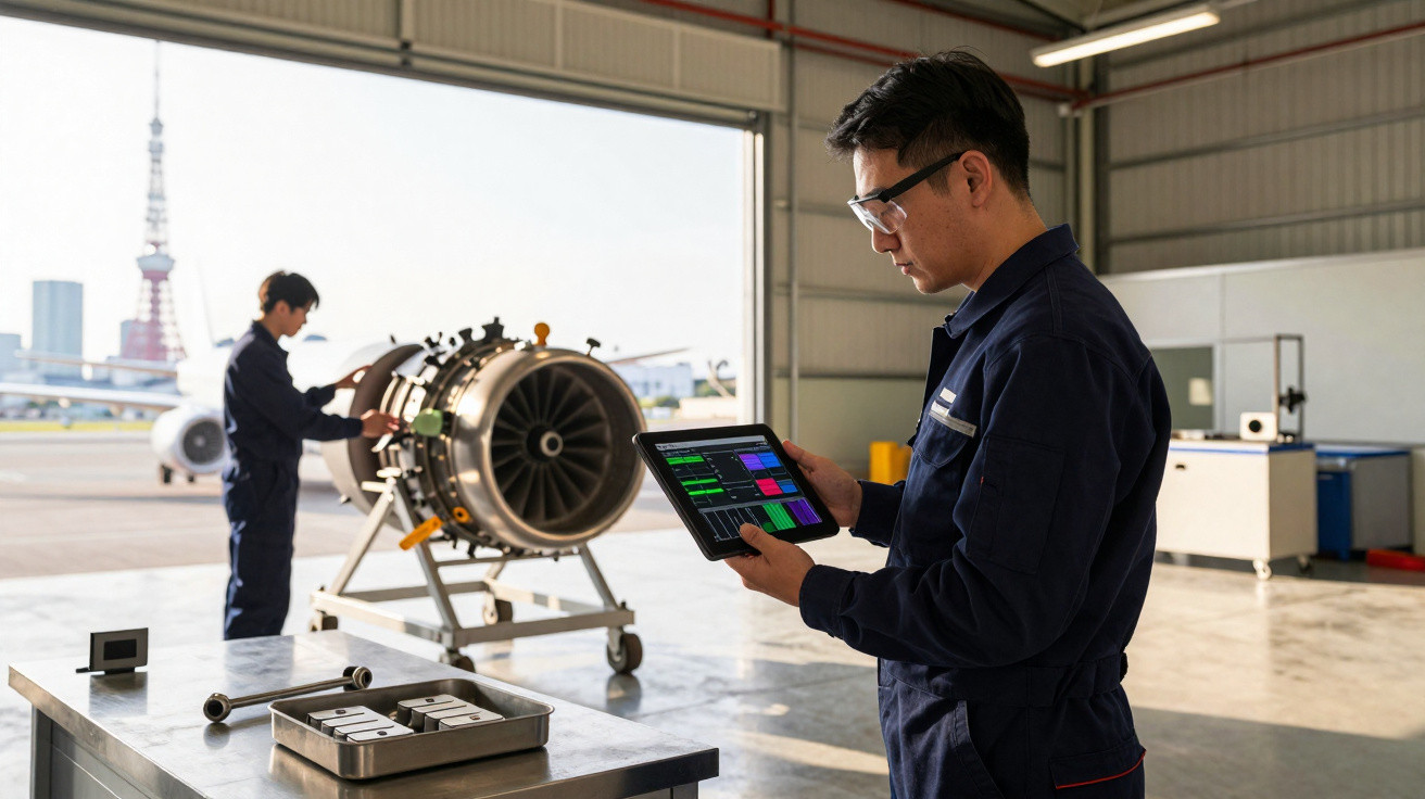 Dois técnicos em uniforme azul trabalham na manutenção de um motor de avião em hangar aberto com tablet e ferramentas.