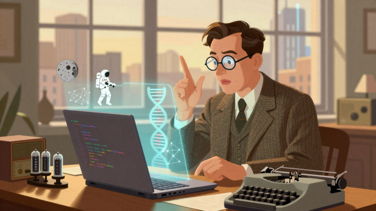 Homem de terno analisa hologramas de astronauta, DNA e lua saindo de notebook em escritório antigo.
