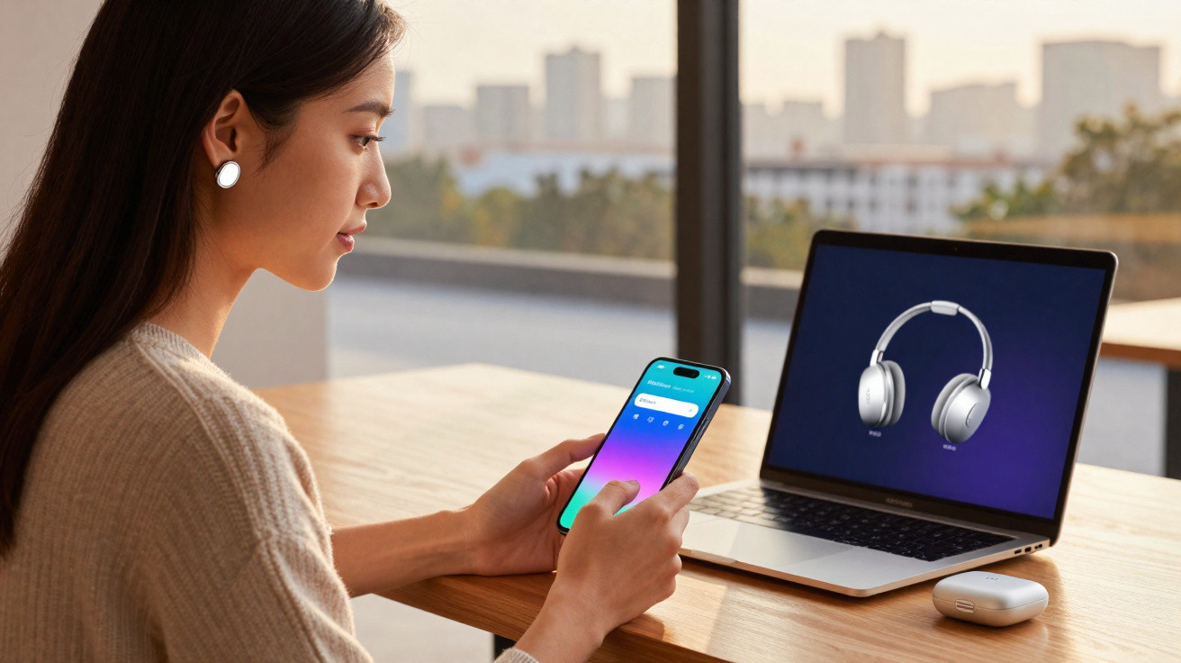 Mulher usando smartphone conecta fones de ouvido sem fio ao laptop em mesa com janela ao fundo.