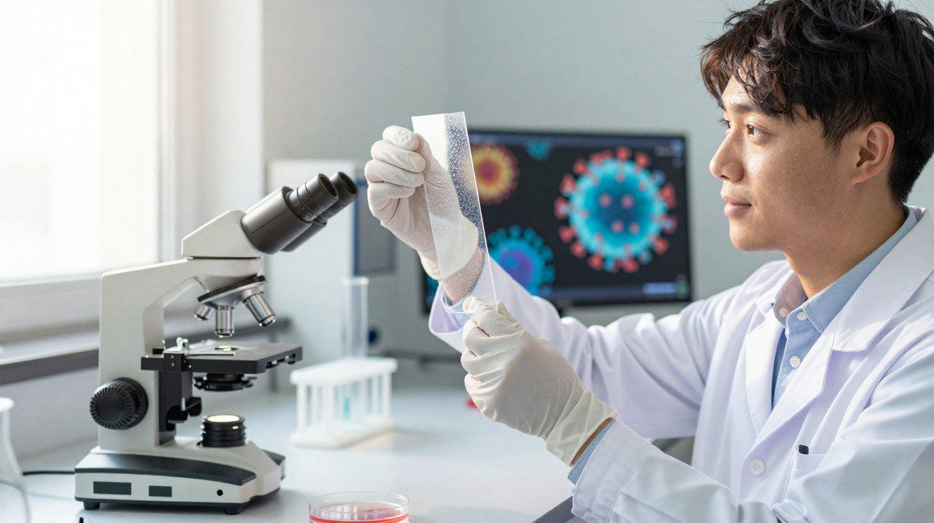 Cientista em laboratório usando jaleco e luvas, analisando lâmina com imagem de vírus ao fundo.