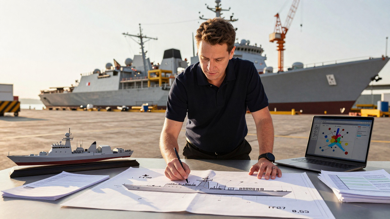 Homem analisando projeto de navio em planta ao ar livre, com modelo e navio ao fundo.