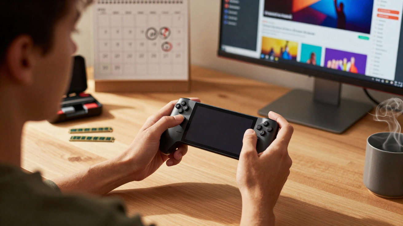 Pessoa segurando console portátil de videogame em mesa com monitor, calendário, pastilhas de memória e caneca fumegante.