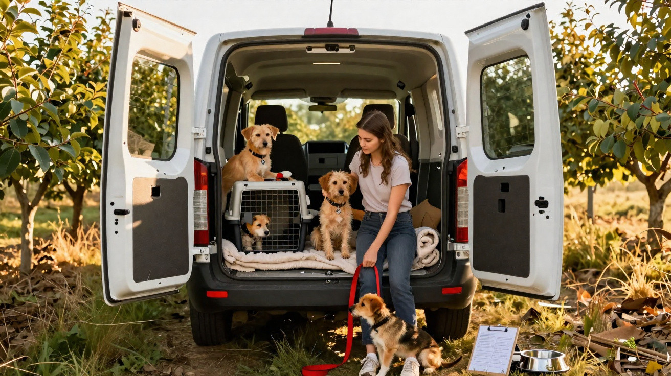 Mulher com três cachorros no porta-malas de uma van branca aberta em área rural ao entardecer.