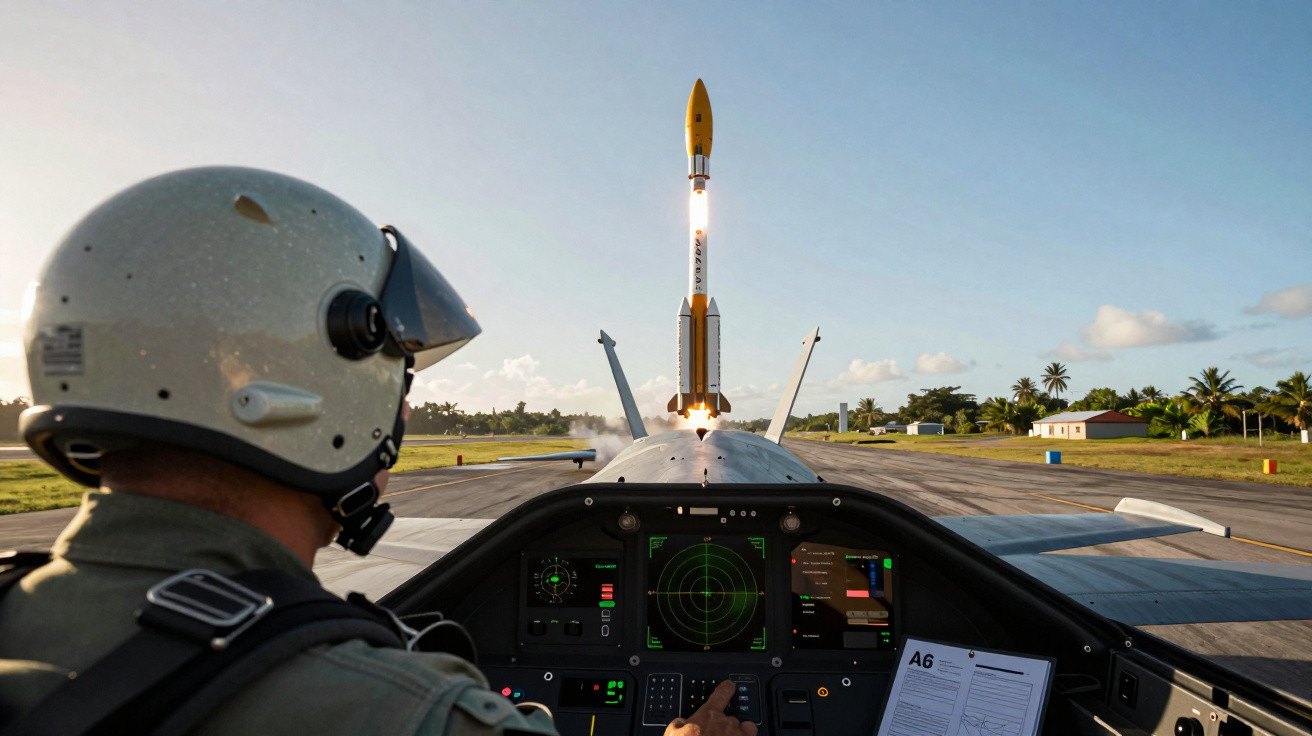 Homem com capacete em cockpit observa lançamento de um foguete na pista de decolagem ao amanhecer.