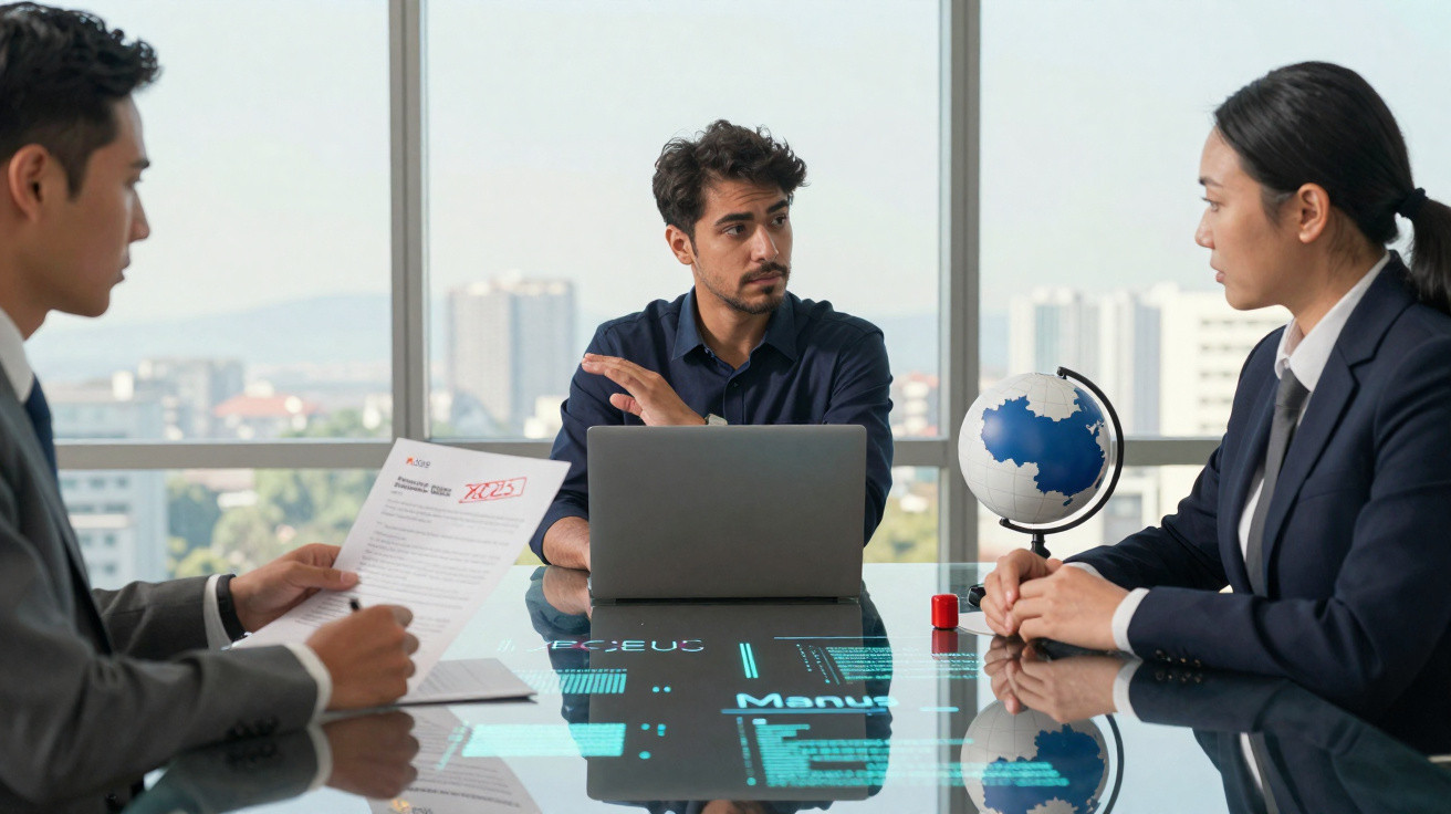 Três profissionais em reunião de negócios em escritório com vista para a cidade e mesa com laptop e globo terrestre.