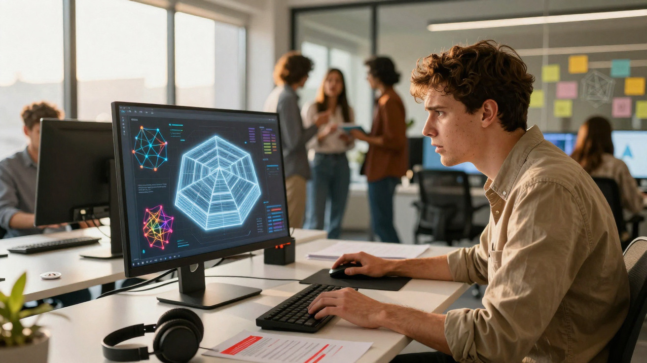 Jovem concentrado trabalhando com gráficos digitais em computador em ambiente de escritório moderno e colaborativo.