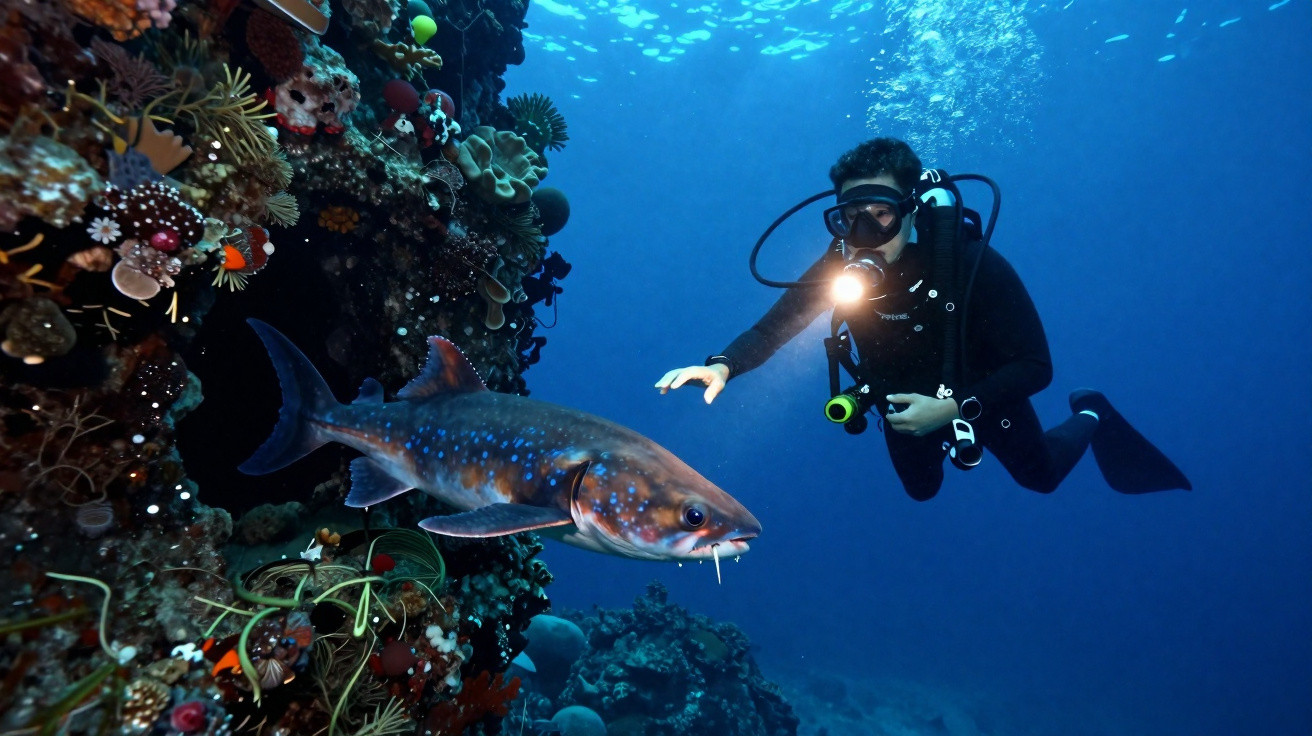 Mergulhador com lanterna observa peixe colorido próximo a recife de corais em águas profundas.