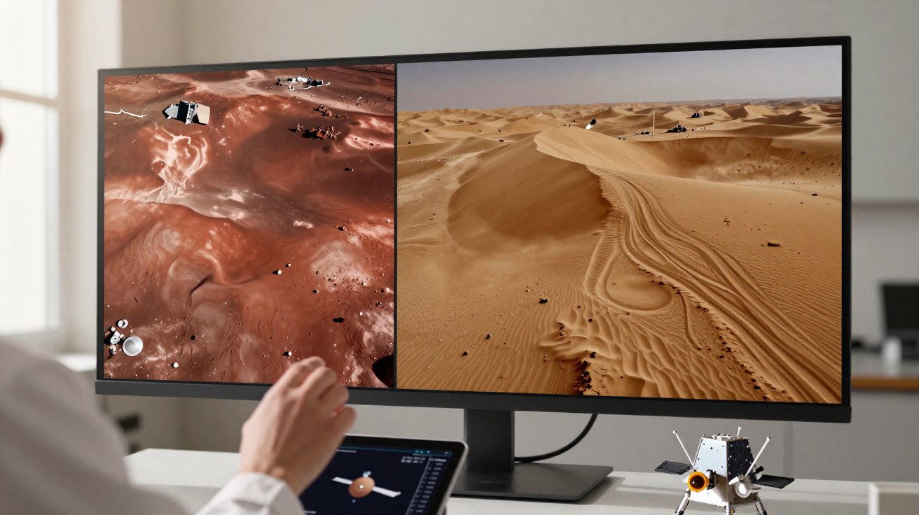 Pessoa manipulando tablet com imagens de paisagens marcianas e deserto exibidas em monitor largo.