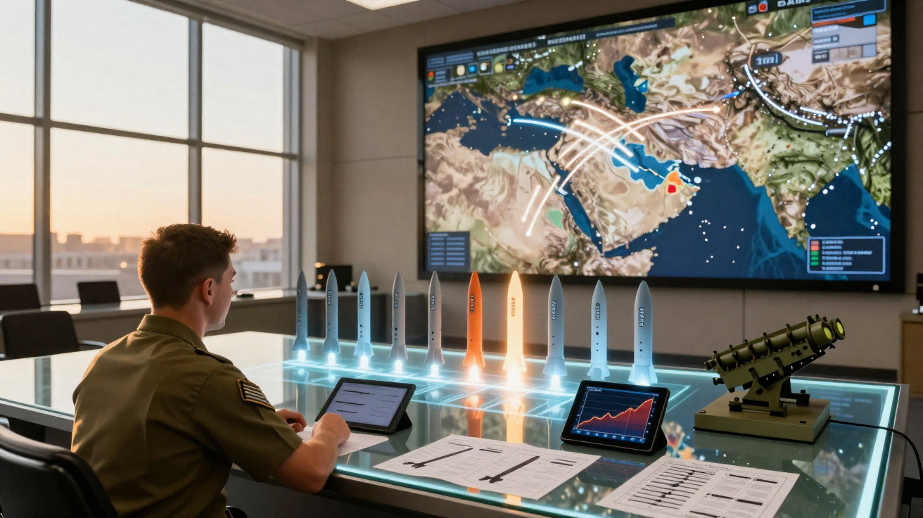 Militar sentado em mesa com modelos de mísseis diante de tela gigante exibindo mapa estratégico digital.