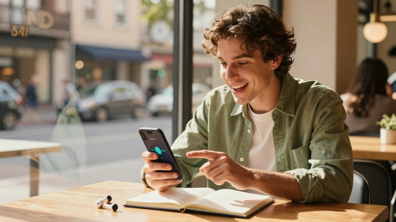 Jovem sorridente usando celular sentado à mesa com livro aberto em café iluminado pela luz natural.