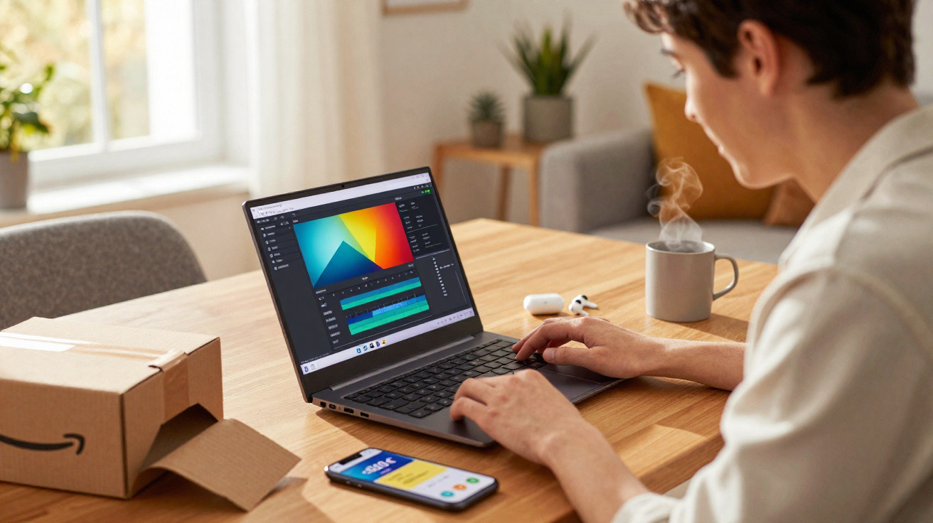 Pessoa trabalhando em edição de vídeo em laptop, com caixa da Amazon, celular e caneca de café na mesa.