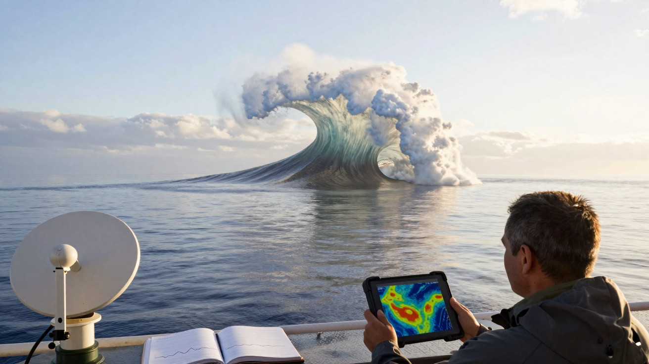 Homem em barco observa onda gigante formada por nuvens com tablet e livro à sua frente no mar calmo.